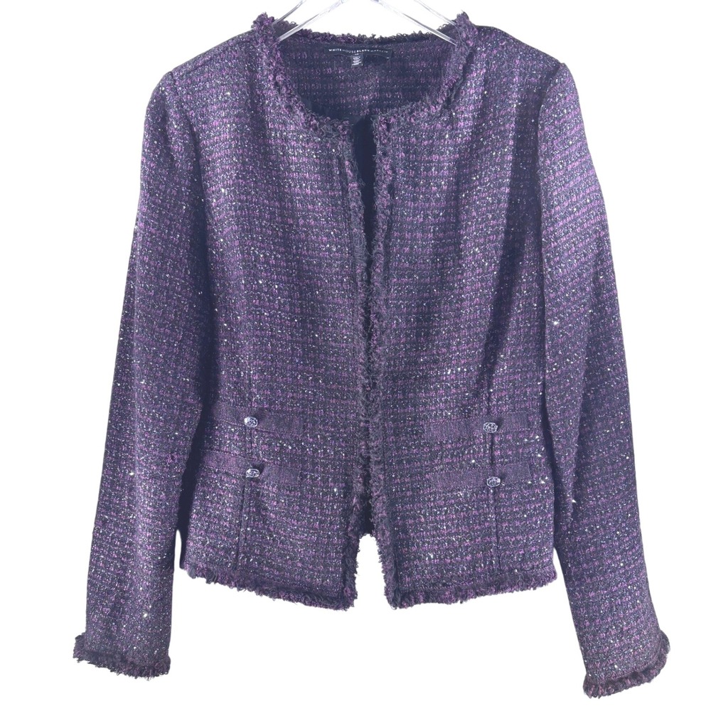 White House Black Market Purple Tweed Sequin Fringe Jacket Womens 14 Plum Black